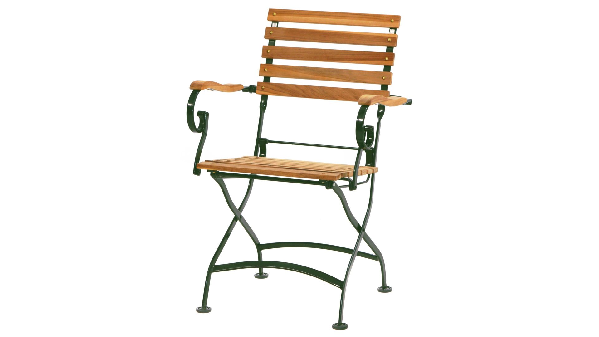 Gartenstuhl Ploß aus Holz in Holzfarben Ploß® Armlehn-Klappstuhl Verona - Gartenmöbel grünes Eisengestell & Teakholz