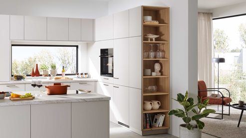 Einbauküche WERT KÜCHE® aus Holz in Hellgrau WERT KÜCHE® Matteo mit Einbaugeräten Sandgrau & Sandeiche - zweiteilig