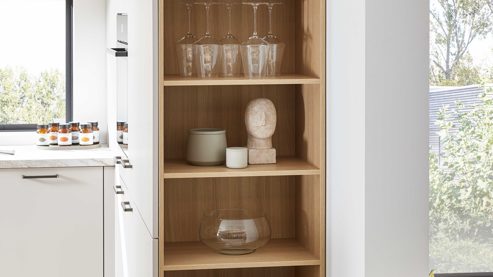 Einbauküche WERT KÜCHE® aus Holz in Hellgrau WERT KÜCHE® Matteo mit Einbaugeräten Sandgrau & Sandeiche - zweiteilig