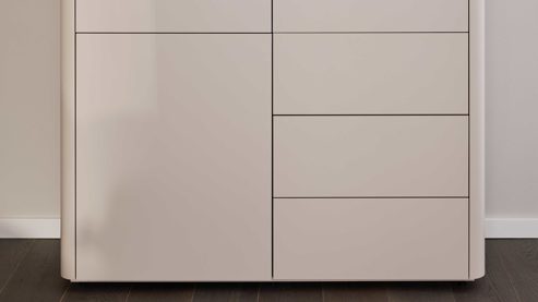 Highboard Interliving aus Holz in Beige Interliving Wohnzimmer Serie 2035 - Highboard beiger Mattlack - drei Schubladen, drei Türen