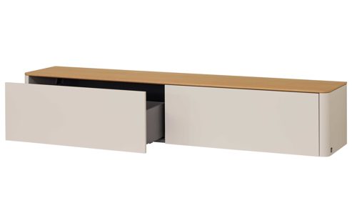 Lowboard Interliving aus Holz in Holzfarben Interliving Wohnzimmer Serie 2035 - Lowboard beiger Mattlack & Eiche - eine Klapptür, eine Schublade, Länge ca. 200 cm