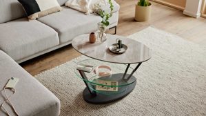 Couchtisch Interliving aus Keramik in Beige Interliving Couchtisch Serie 6230 travertinfarbene Keramik & Klarglas - 95 - 150 x 60 cm