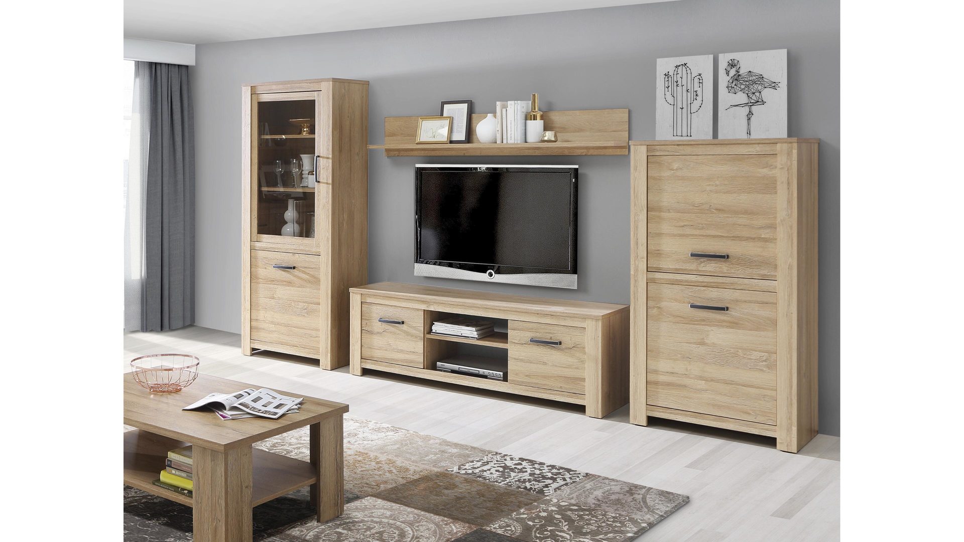 Wohnwand Forte® aus Holz in Holzfarben Wohnkombination alteichefarbene Kunststoffoberflächen – vierteilig