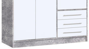 Kleiderschrank Forte® aus Holz in Grau Kleiderschrank Jupiter Beton Lichtgrau & Weiß – Breite ca. 145 cm, drei Türen, drei Schubladen