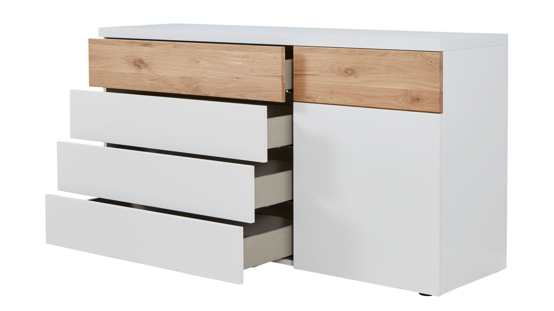 Kombikommode Interliving aus Holz in Weiß Interliving Schlafzimmer Serie 1019 – Kombikommode 523045 Wildeiche & weißer Mattlack – vier Schubladen, eine Tür