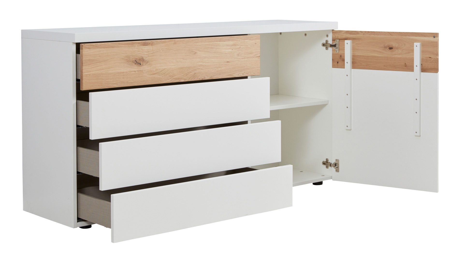 Kombikommode Interliving aus Holz in Weiß Interliving Schlafzimmer Serie 1019 – Kombikommode Wildeiche & weißer Mattlack – vier Schubladen, eine Tür