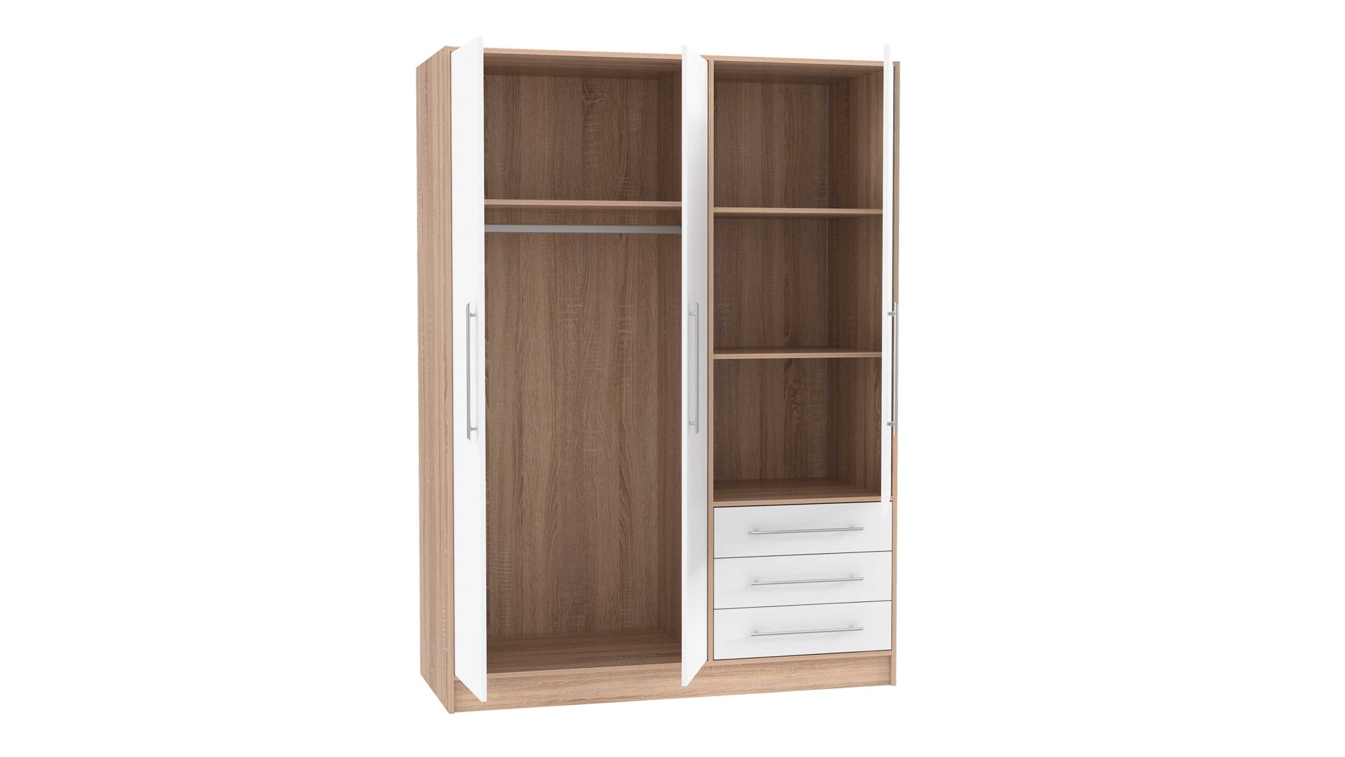 Kleiderschrank Forte® aus Holz in Holzfarben Kleiderschrank Jupiter Sonoma Eiche & Weiß – Breite ca. 145 cm, drei Türen, drei Schubladen
