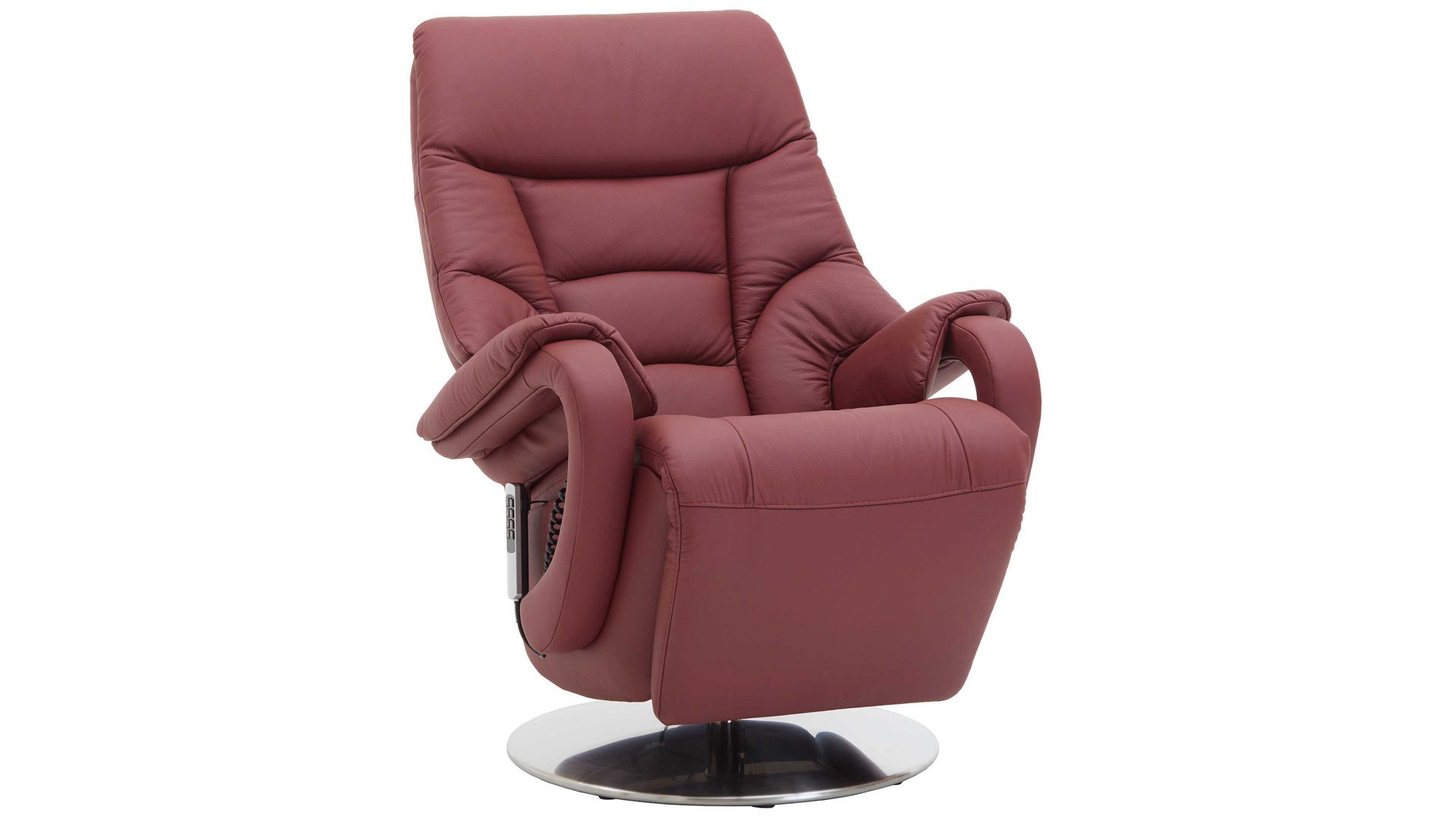 Relaxsessel Steinpol polsteria aus Leder in Rot Relaxsessel mit elektrischen Funktionen melotfarbenes Leder Punch & Edelstahl-Tellerfuß - drei Motoren