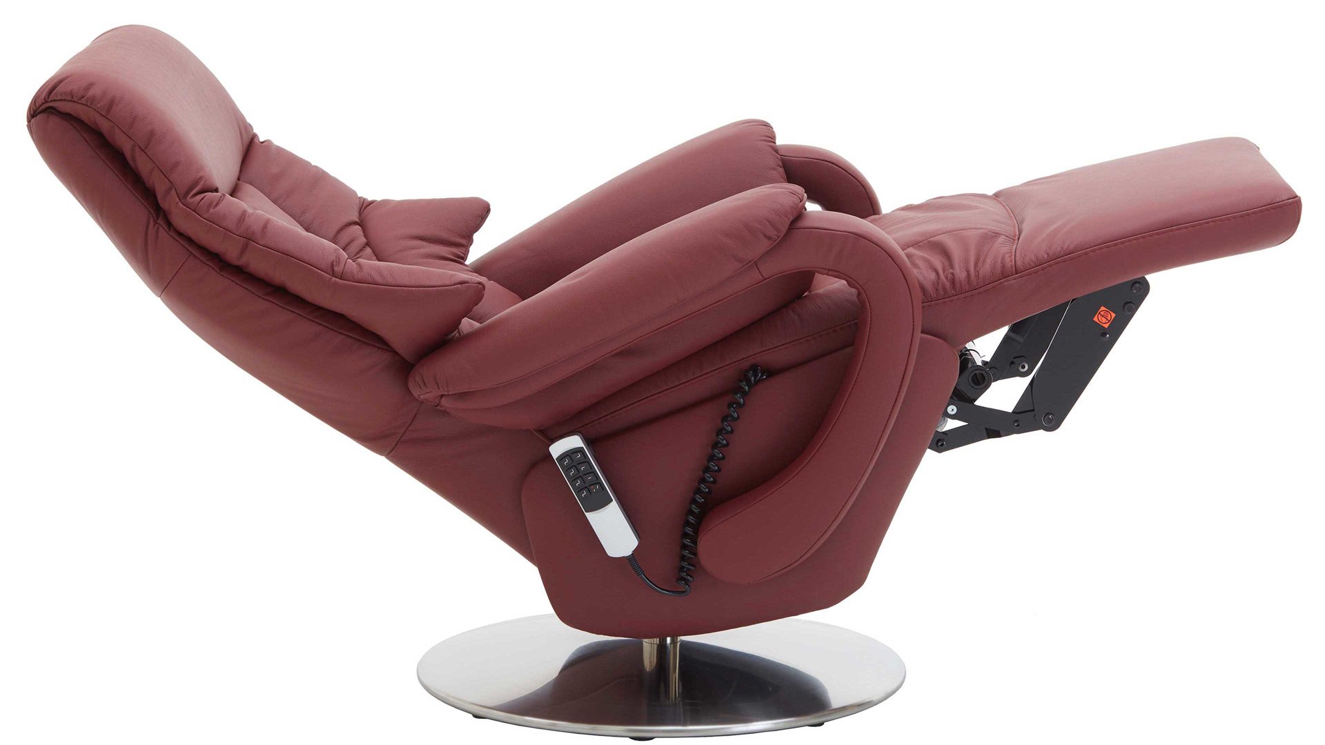 Relaxsessel Steinpol polsteria aus Leder in Rot Relaxsessel mit elektrischen Funktionen melotfarbenes LongLife-Leder Duca & Edelstahl-Tellerfuß - drei Motoren