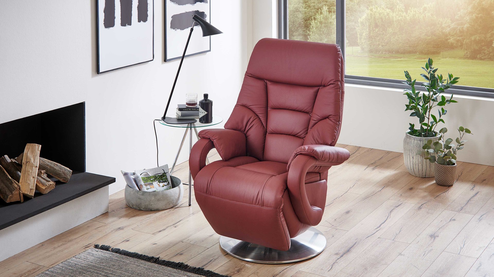 Relaxsessel Steinpol polsteria aus Leder in Rot Relaxsessel mit elektrischen Funktionen melotfarbenes Leder Punch & Edelstahl-Tellerfuß - zwei Motoren