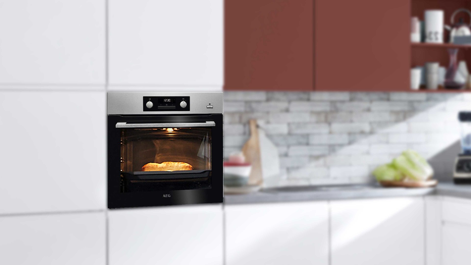 Einbauküche Nolte® küchen aus Holz in Weiß nolte® Einbauküche Sigma mit AEG-Einbaugeräten Weiß, Hennarot & Beton – Stellfläche ca. 325 x 325 cm