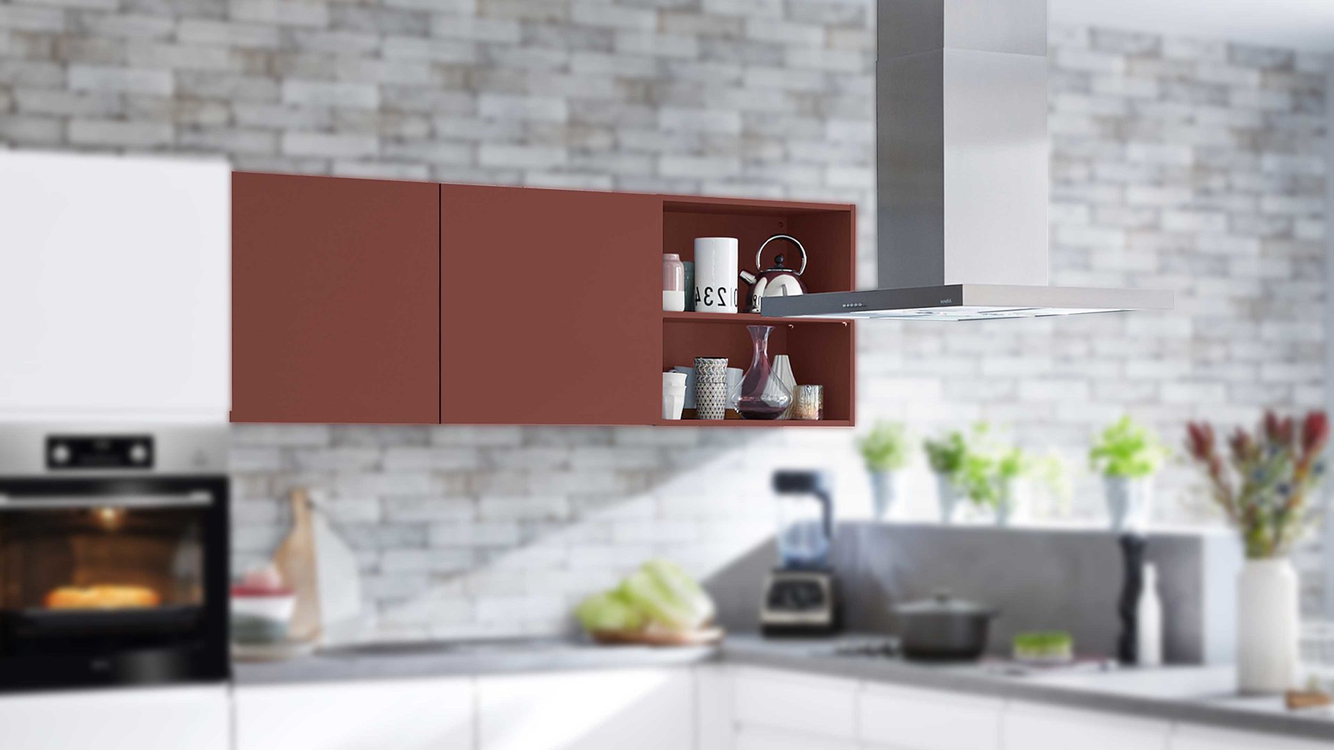 Einbauküche Nolte® küchen aus Holz in Weiß nolte® Einbauküche Sigma mit AEG-Einbaugeräten Weiß, Hennarot & Beton – Stellfläche ca. 325 x 325 cm