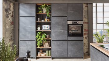 Einbauküche Nobilia® aus Holz in Schwarz nobilia® Einbauküche Laser mit AEG Einbaugeräten Schwarzbeton & Taxus – zweizeilig
