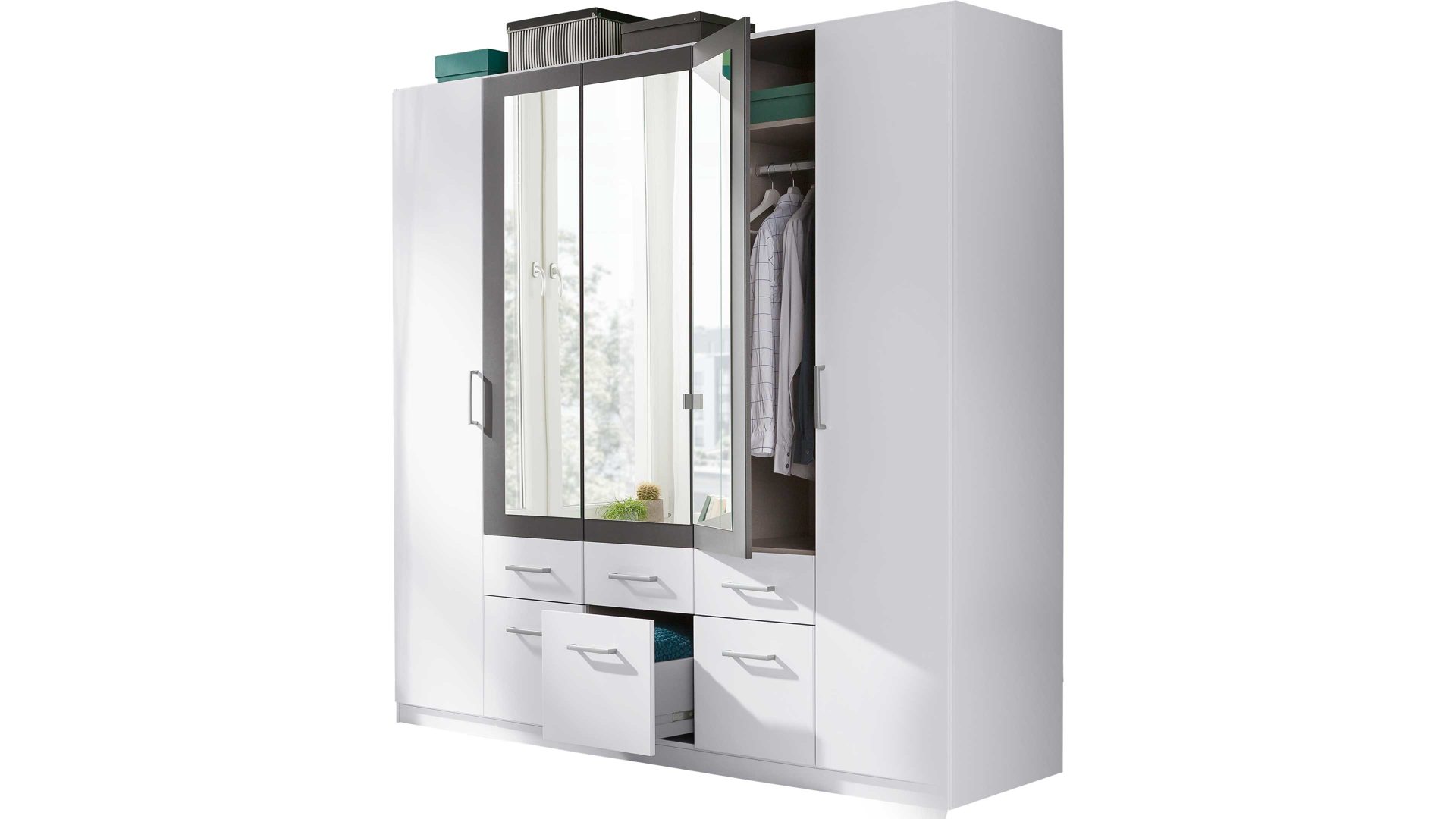 Kleiderschrank Rauch aus Holz in Grau rauch BLUE Kleiderschrank Burano - Drehtürenschrank Grau-metallic & Alpinweiß – fünf Türen, sechs Schubladen, Breite ca. 226 cm