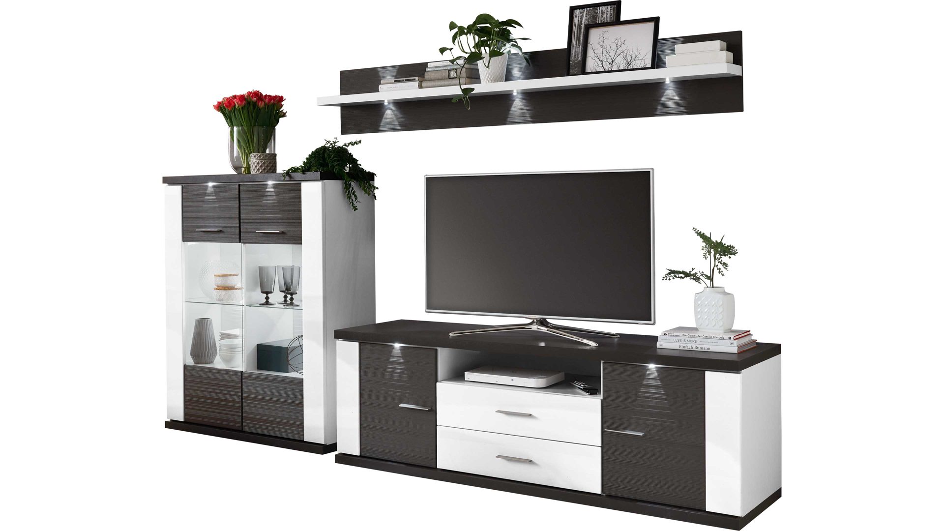 Wohnwand Ideal möbel aus Holz in Schwarz Wohnkombination Manhattan - Wohnwand Weiß & Graphit – dreiteilig, Breite ca. 294 cm