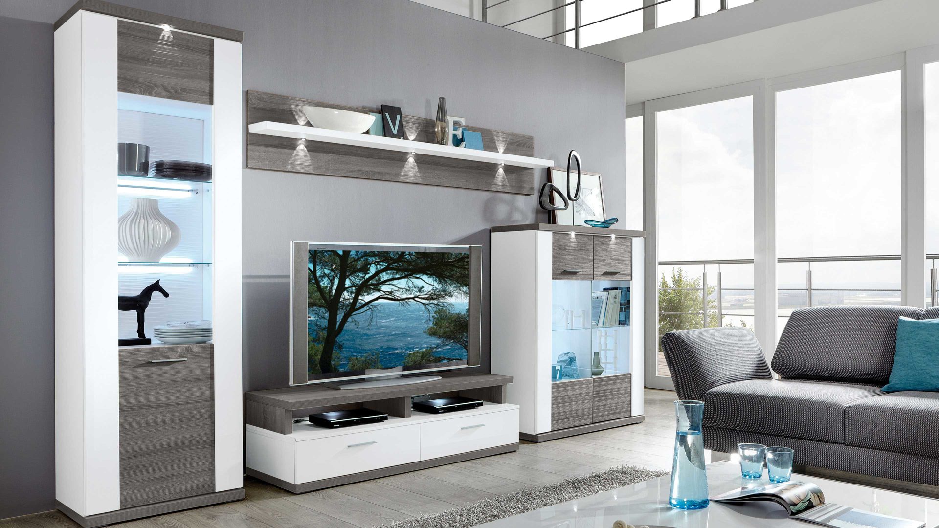 Wohnwand Ideal möbel aus Holz in Grau Wohnkombination Manhattan - Wohnwand mit TV-Möbel Weiß & Graphit – fünfteilig, Breite ca. 330 cm