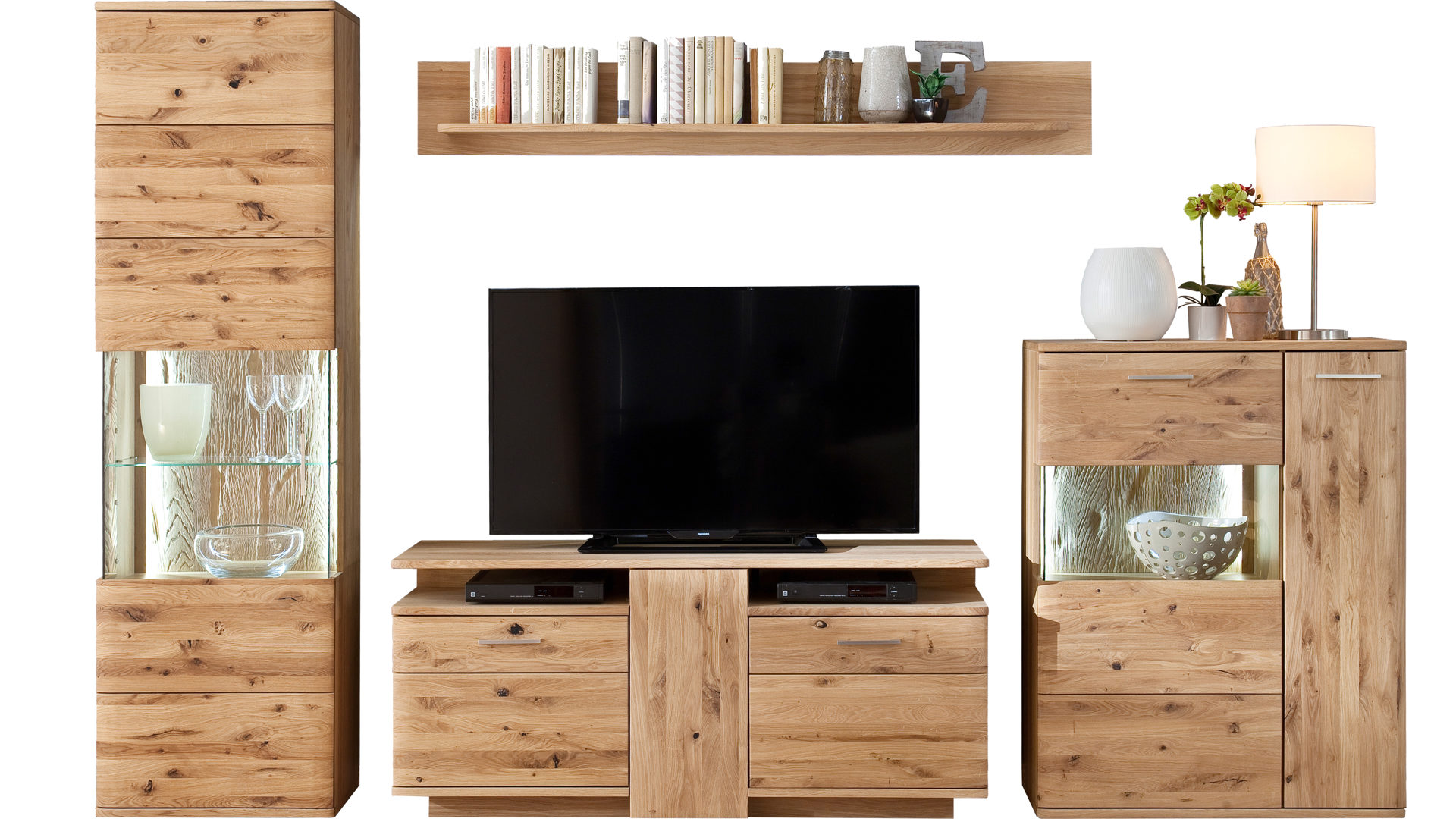 Wohnwand Mca furniture aus Holz in Holzfarben Wohnprogramm Santori - Wohnwand Eiche & Asteiche – vierteilig