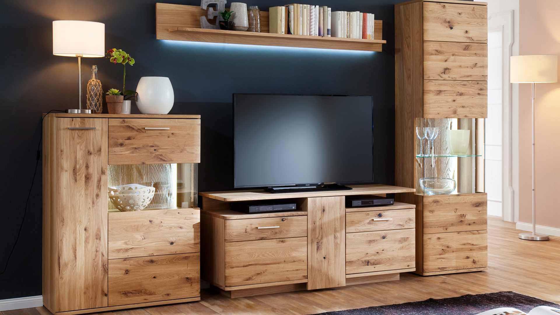 Wohnwand Mca furniture aus Holz in Holzfarben Wohnprogramm Santori - Wohnwand Eiche & Asteiche – vierteilig, Breite ca. 320 cm