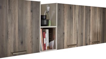 Einbauküche WERT KÜCHE® aus Holz in Beige WERT KÜCHE® Nora mit AEG Einbaugeräten Muschelweiß & Virginia Eiche – zweizeilig