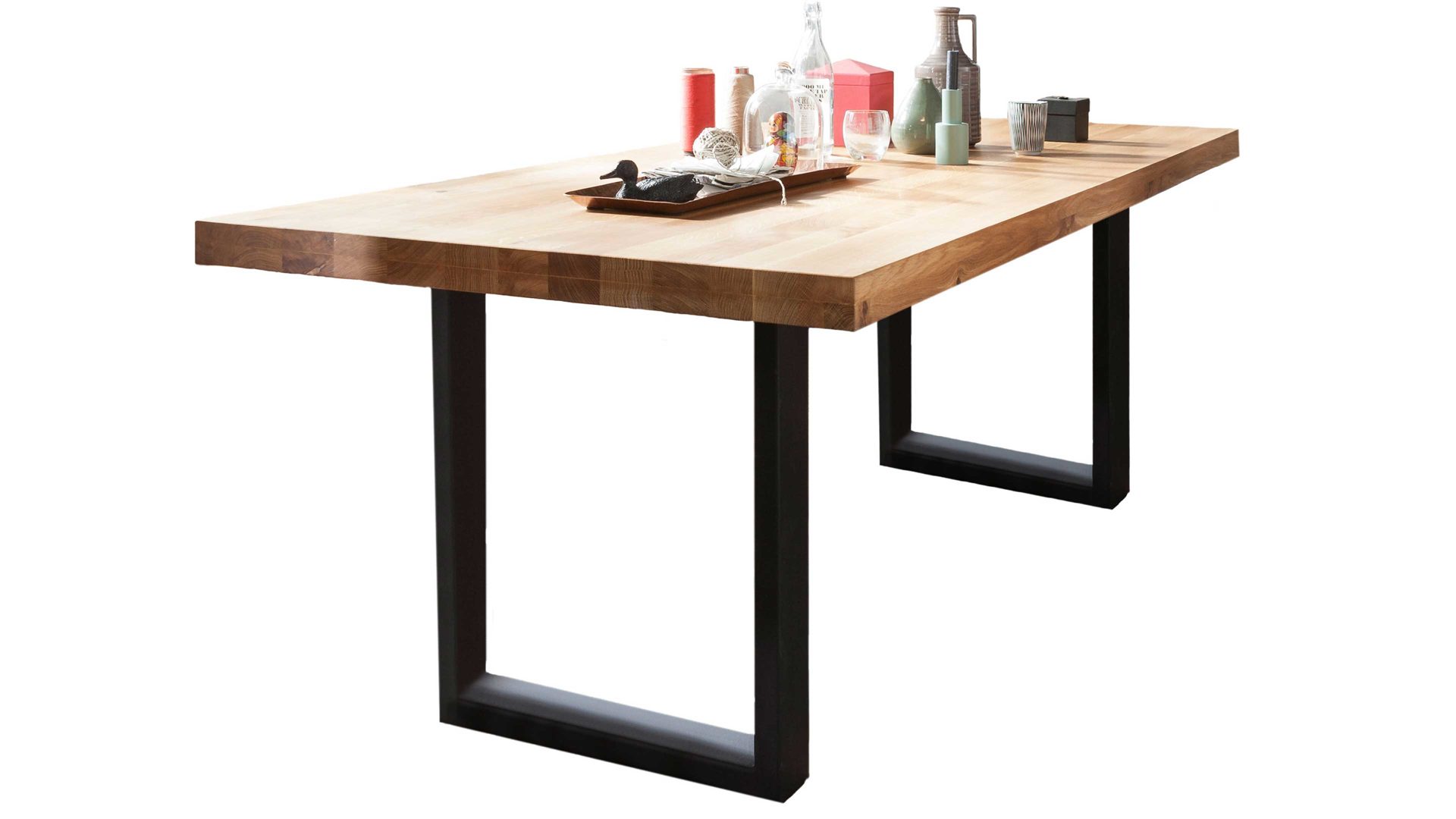 Esstisch Standard furniture factory aus Holz in Holzfarben Esstisch Lugo mit Massivholzplatte als Esszimmermöbel Balkeneiche & schwarzes Metallgestell C - ca. 220 x 100 cm