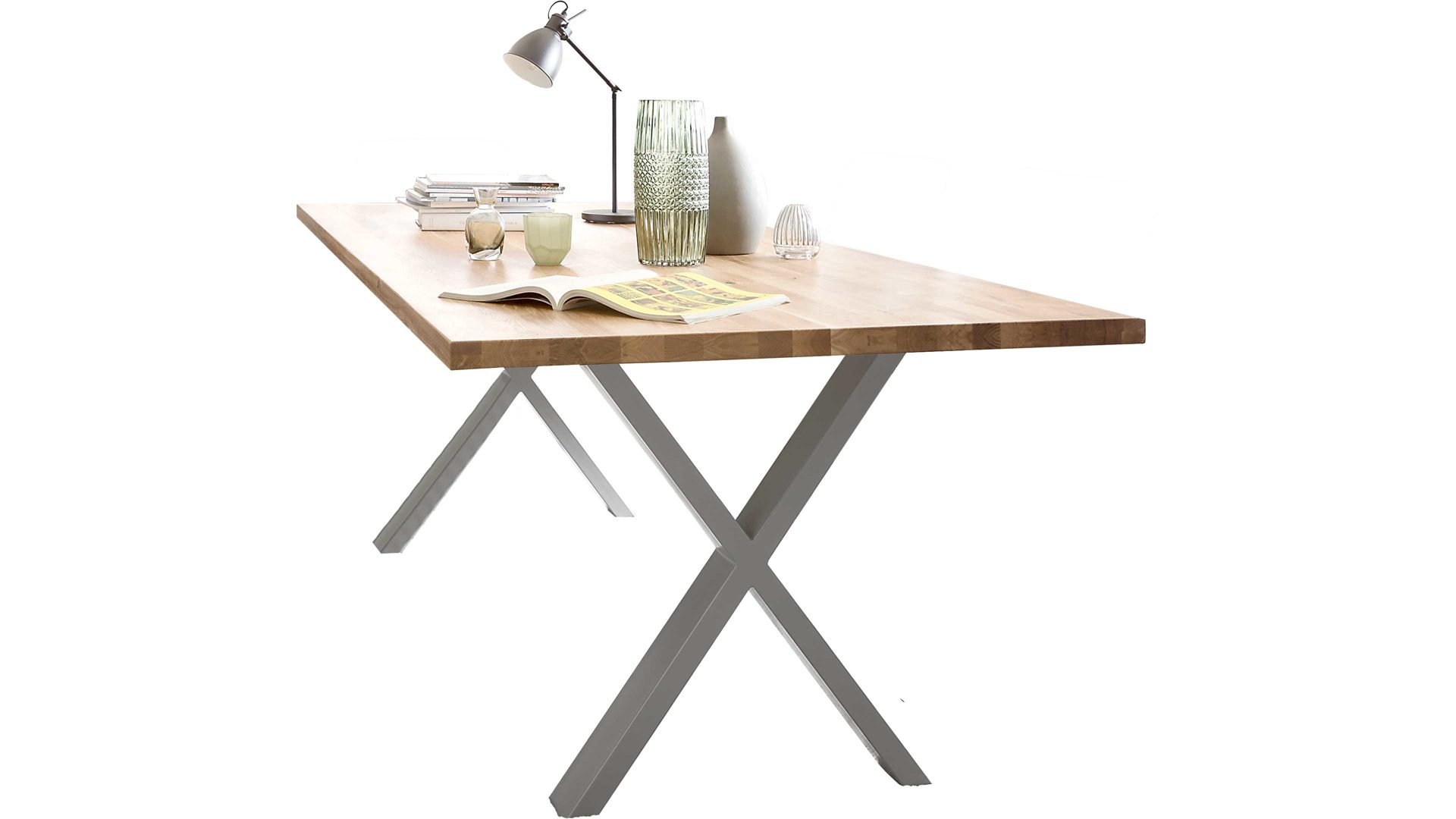 Esstisch Standard furniture factory aus Holz in Holzfarben Esstisch Quebec mit Massivholzplatte rustikal geölte Eiche & silberfarbenes Metall – ca. 100 x 220 cm