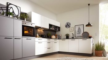 Einbauküche Interliving aus Holz in Weiß Interliving Küche Serie 3032 mit privileg Einbaugeräten Weiß & Quarzgrau - Stellfläche ca. 395 x 245 cm