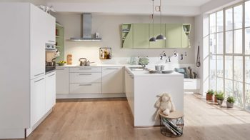 Einbauküche Interliving aus Holz in Weiß Interliving Küche Serie 3010 mit privileg Einbaugeräten Weiß & Avocado – vierzeilig