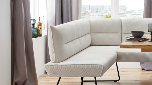 Eckbank PARTNERRING COLLECTION aus Stoff in Weiß PARTNERRING COLLECTION Serie Conny - Eckbank mit Federkernpolsterung cremeweißer Cord Rebel 897 & schwarzes Eisen - Stellfläche ca.  151 x 205 cm