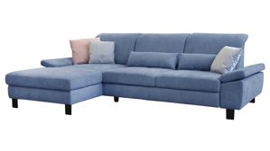 Ecksofa KAWOO aus Stoff in Hellblau KAWOO Serie 7533 - Ecksofa mit Funktionen taubenblauer Stoff EQE 16 & schwarze Metallfüße S289.13 - Stellfläche ca. 292 x 189 cm