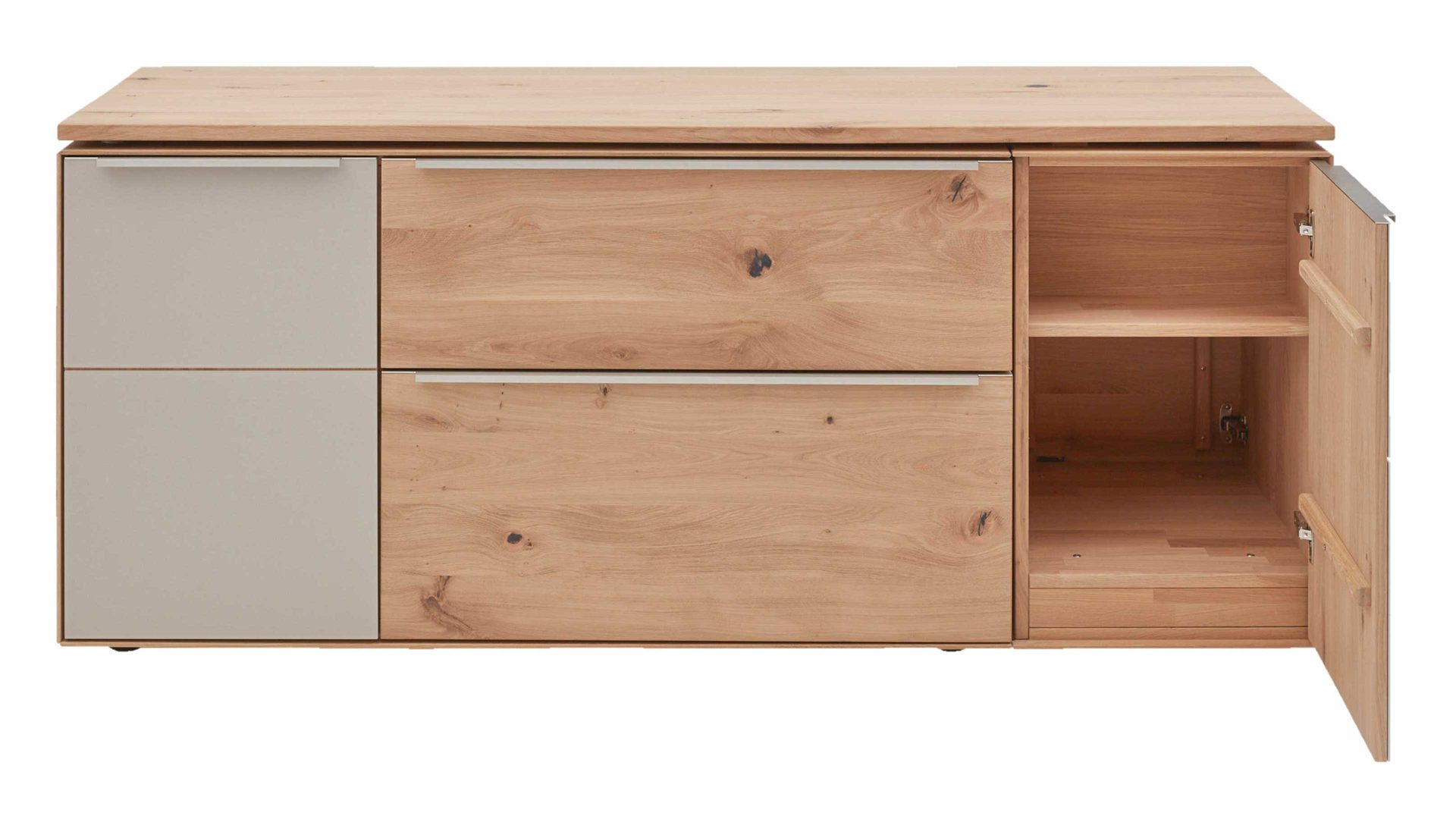 Schreibtisch Interliving aus Holz in Hellgrau Interliving Wohnzimmer Serie 2020 - Verwandlungs-Sideboard 151283 Asteiche bianco & Schlamm – zwei Türen, zwei Klappen