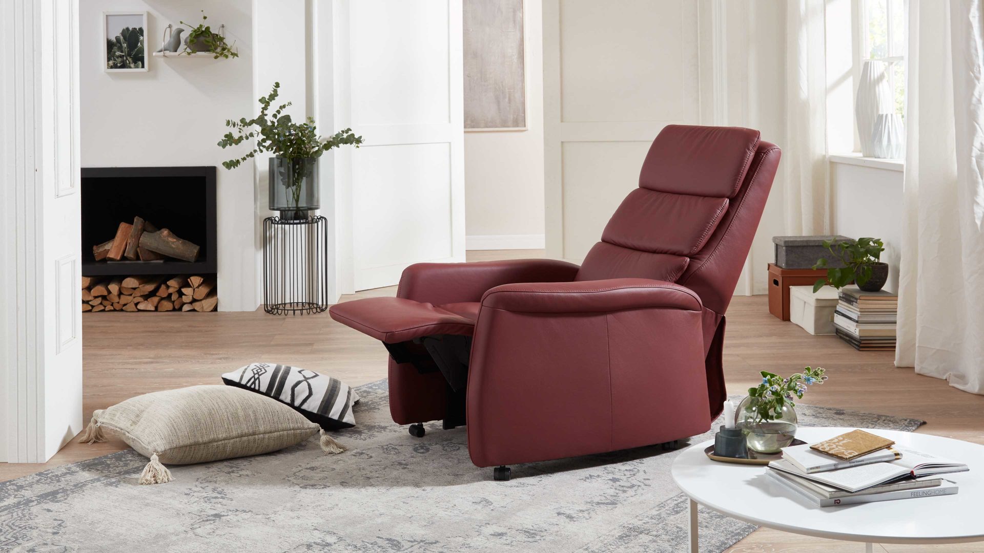 Relaxsessel OrthoSedis aus Leder in Dunkelrot OrthoSedis OS-HU1043 - Relaxsessel A8 mit Aufstehhilfe und Federkern brombeerfarbenes Leder Torro - Ergonomie L