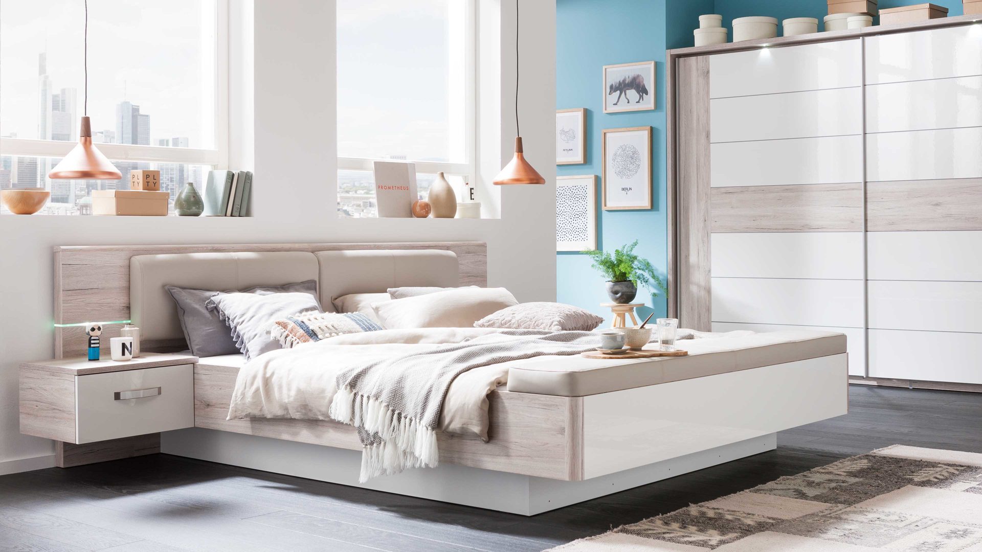 Doppelbett Forte® aus Holz in Holzfarben Doppelbettgestell Rondino Sandeiche & Weiß – Liegefläche ca. 180 x 200 cm