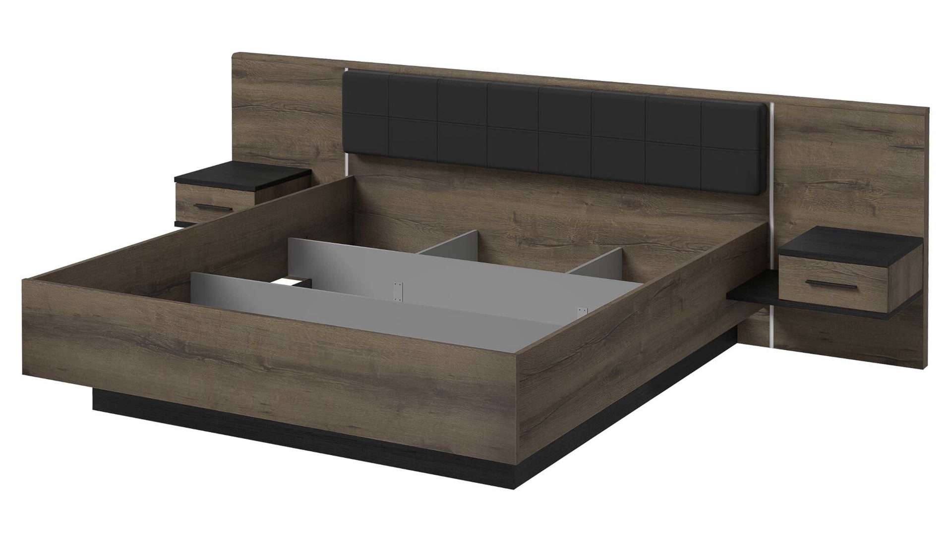 Doppelbett Forte® aus Holz in Holzfarben Bettgestell Bellevue mit Nachtkommoden Schwarzeiche & Schlamm – Liegefläche ca. 180 x 200 cm