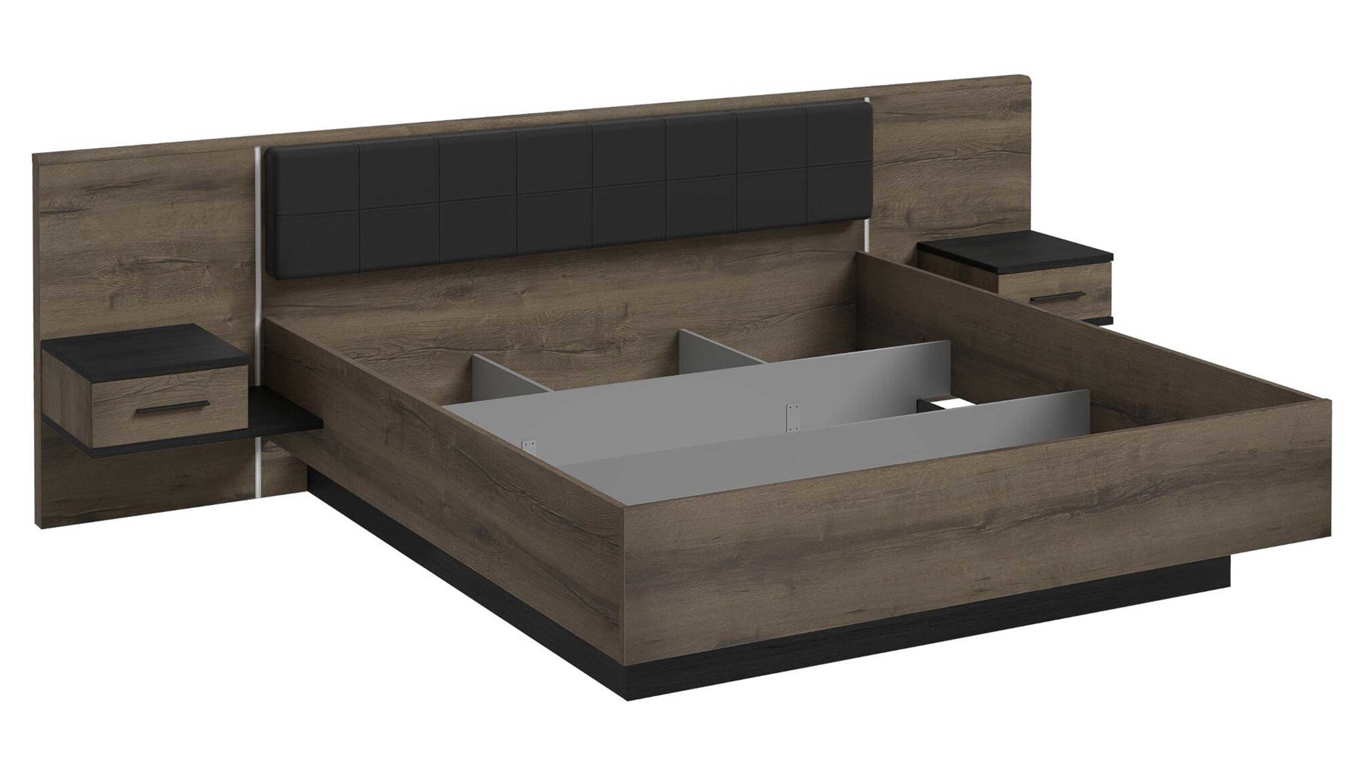 Doppelbett Forte® aus Holz in Holzfarben Bettgestell Bellevue mit Nachtkommoden Schwarzeiche & Schlamm – Liegefläche ca. 180 x 200 cm