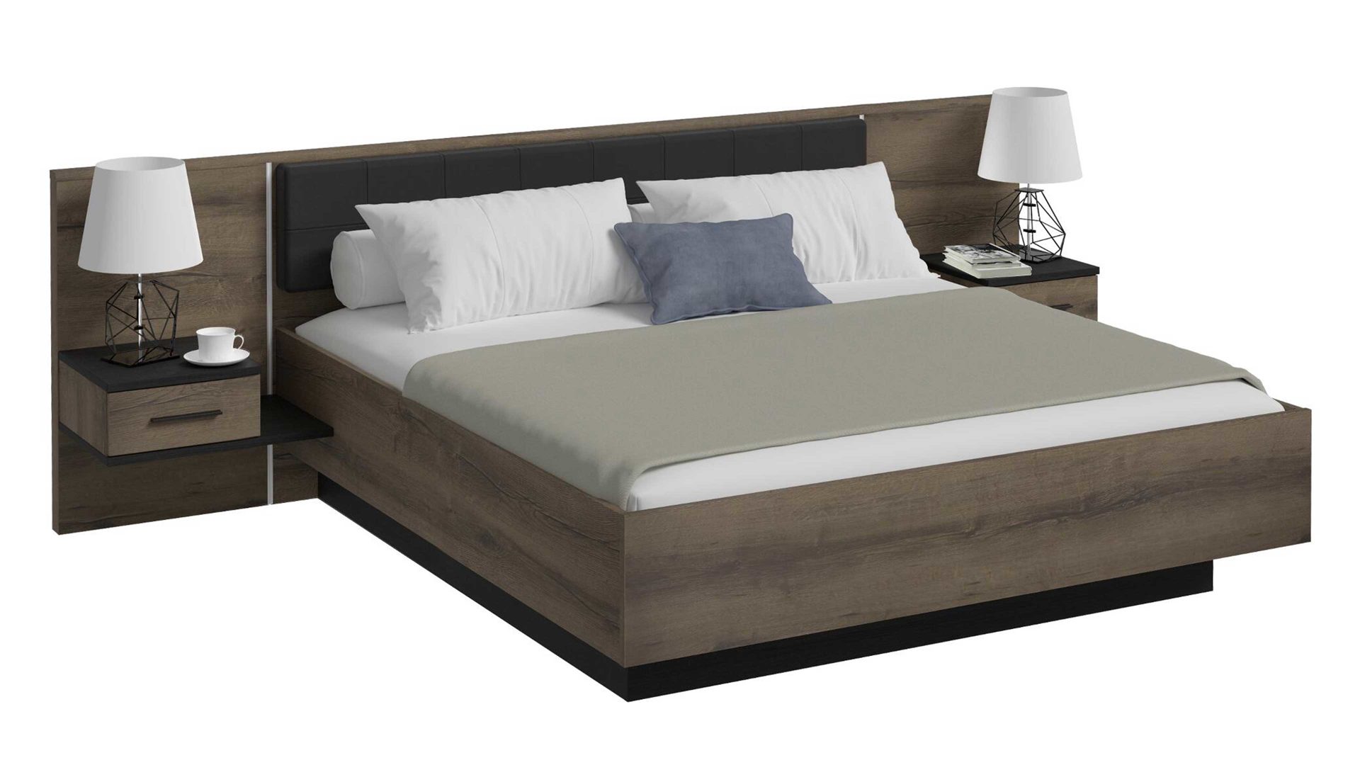 Doppelbett Forte® aus Holz in Holzfarben Bettgestell Bellevue mit Nachtkommoden Schwarzeiche & Schlamm – Liegefläche ca. 180 x 200 cm