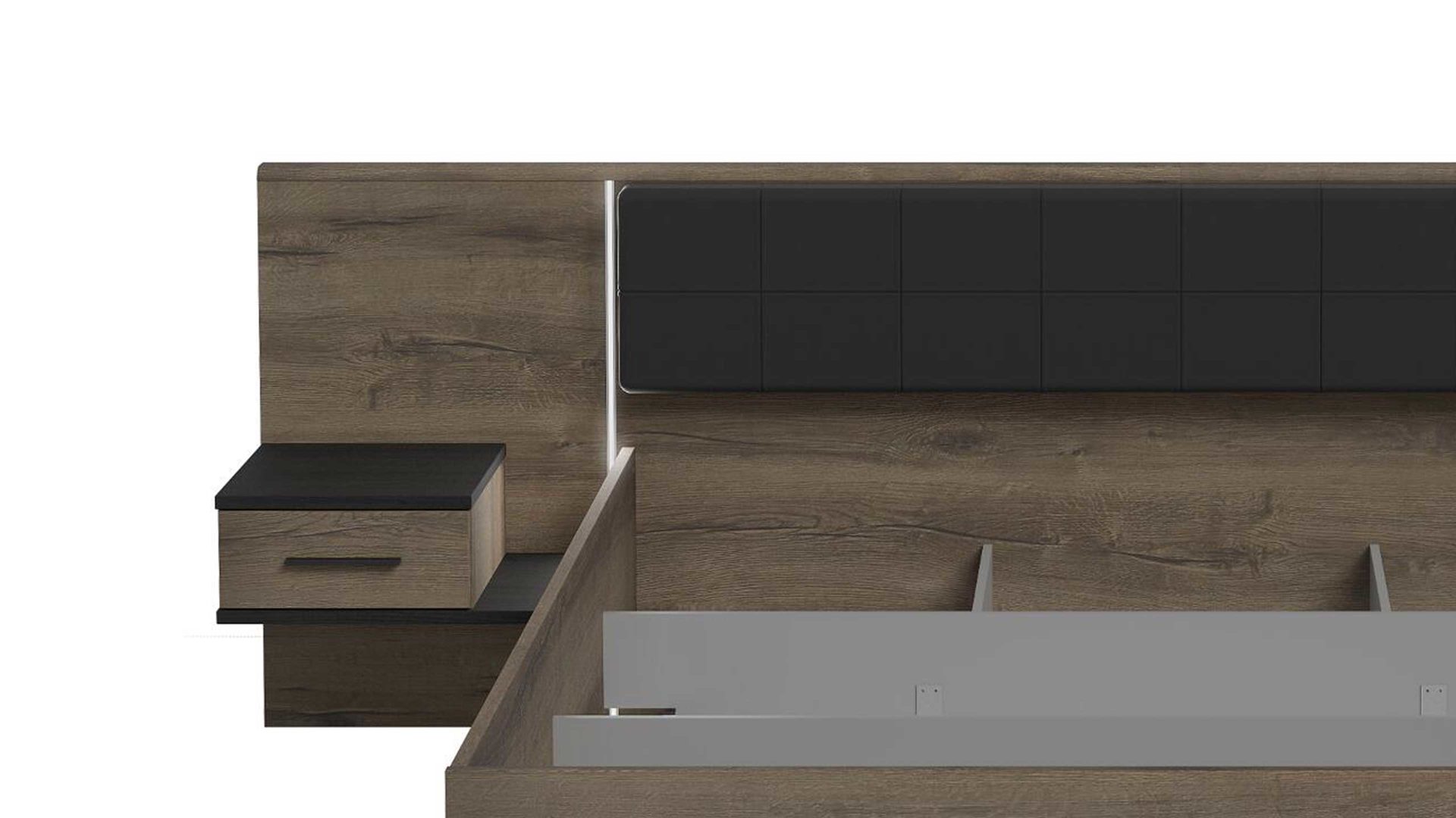 Doppelbett Forte® aus Holz in Holzfarben Bettgestell Bellevue mit Nachtkommoden Schwarzeiche & Schlamm – Liegefläche ca. 180 x 200 cm