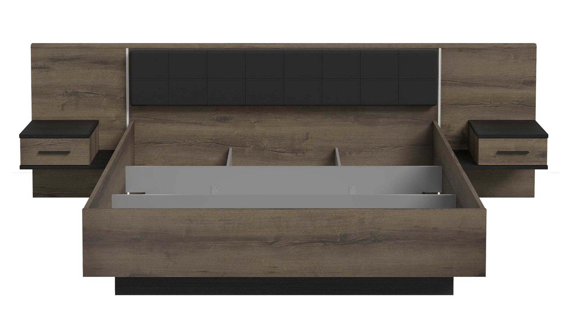 Doppelbett Forte® aus Holz in Holzfarben Bettgestell Bellevue mit Nachtkommoden Schwarzeiche & Schlamm – Liegefläche ca. 180 x 200 cm