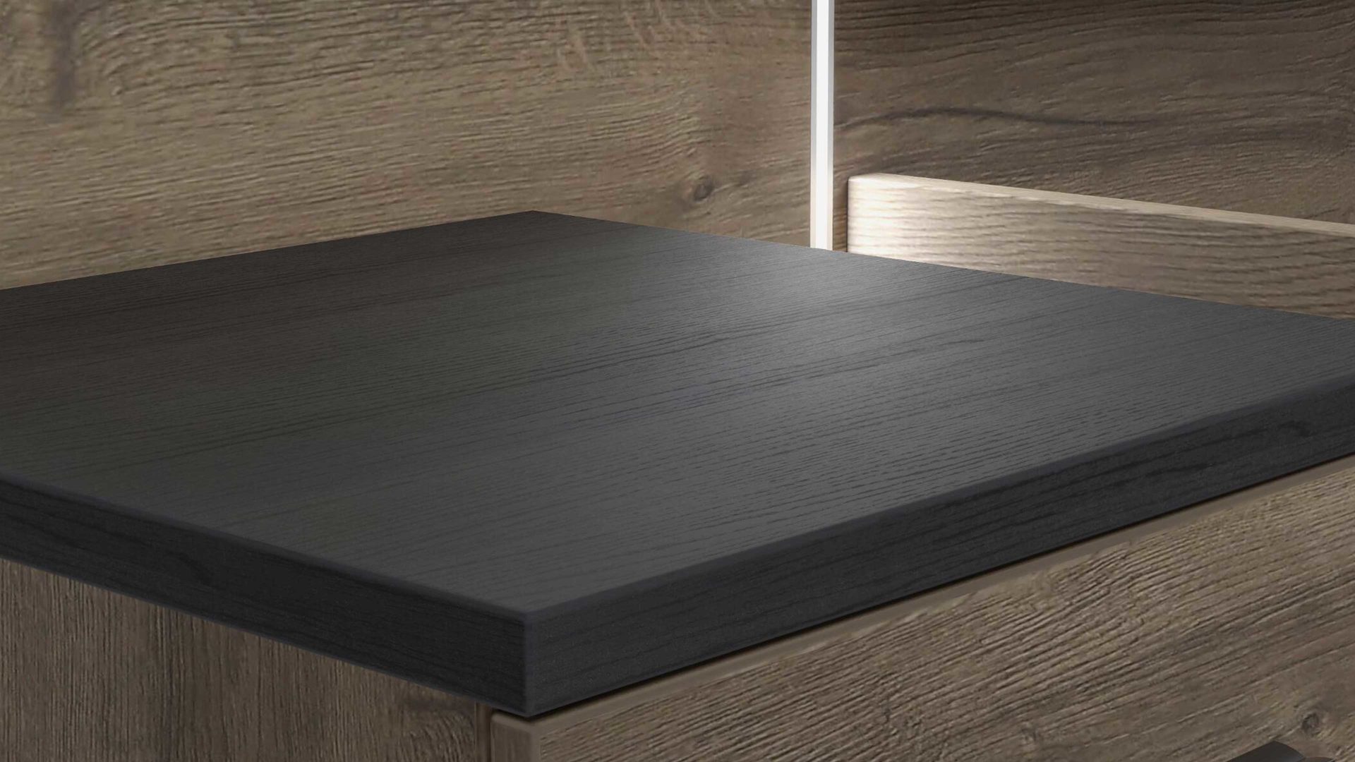 Doppelbett Forte® aus Holz in Holzfarben Bettgestell Bellevue mit Nachtkommoden Schwarzeiche & Schlamm – Liegefläche ca. 180 x 200 cm