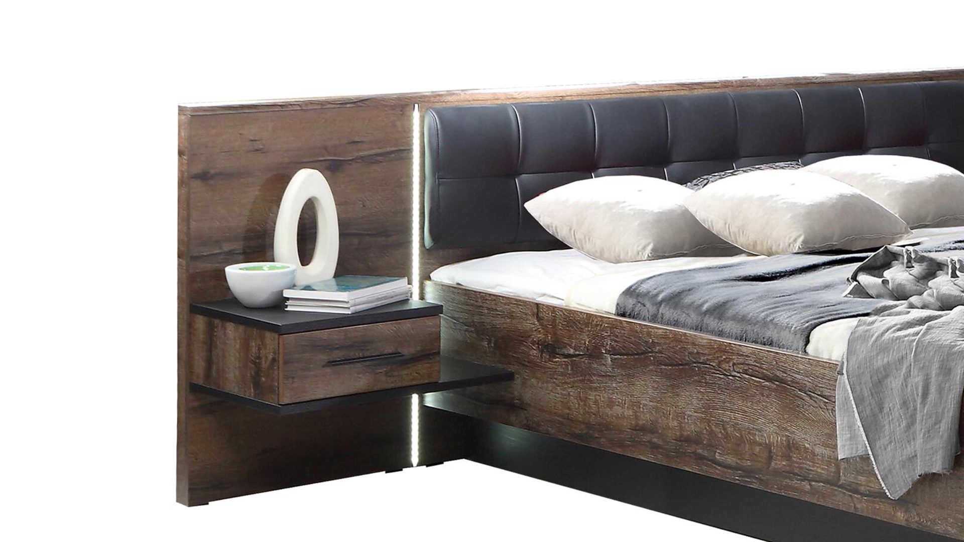 Doppelbett Forte® aus Holz in Holzfarben Bettgestell Bellevue mit Nachtkommoden Schwarzeiche & Schlamm – Liegefläche ca. 180 x 200 cm