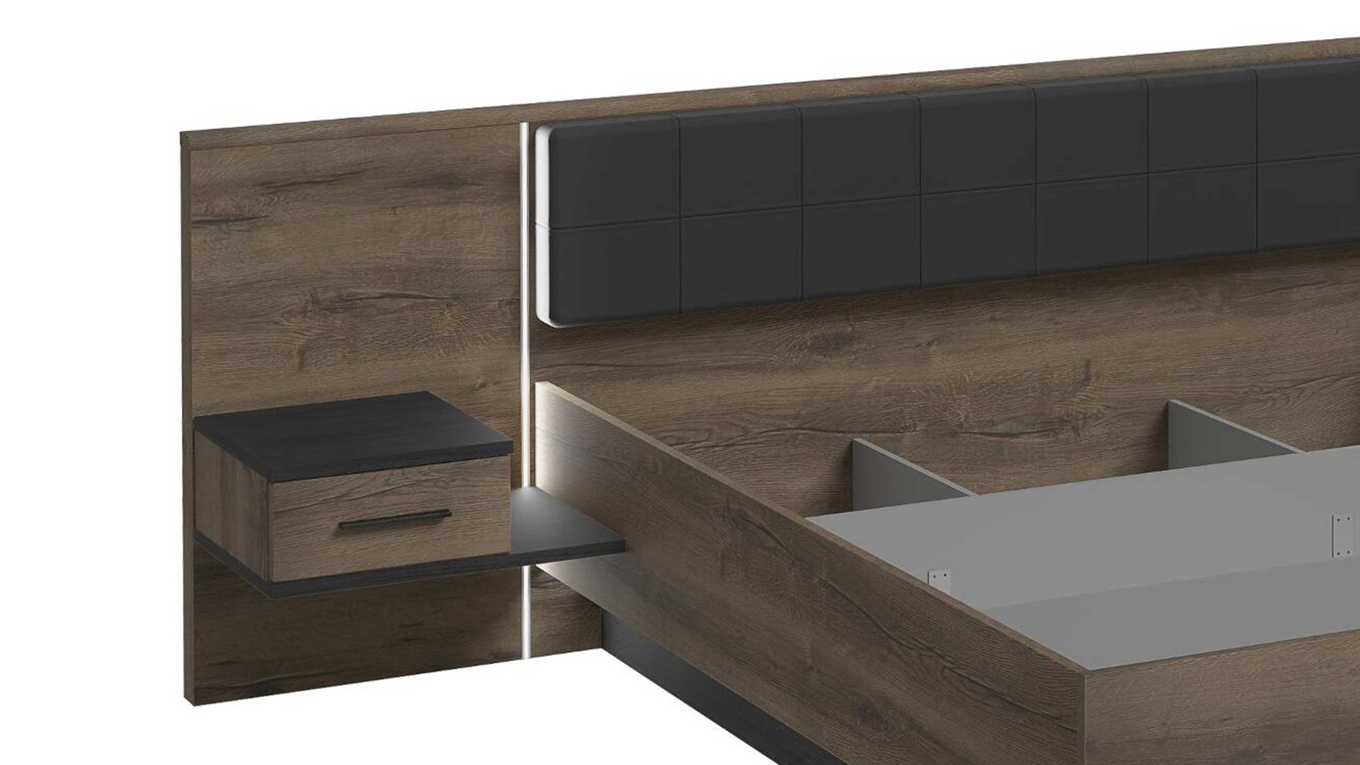 Doppelbett Forte® aus Holz in Holzfarben Bettgestell Bellevue mit Nachtkommoden Schwarzeiche & Schlamm – Liegefläche ca. 180 x 200 cm
