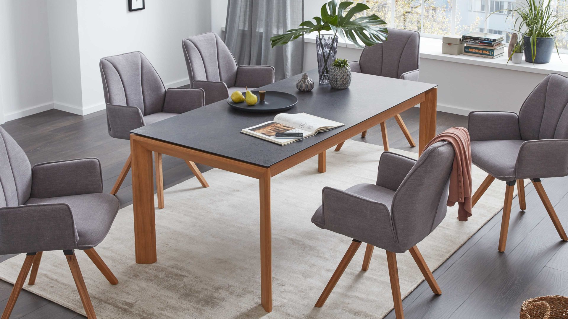 Auszugtisch Interliving aus Holz in Grau Interliving Esszimmer Serie 5102 – Auszugtisch V133 granitfarbenes HPL & Wildeiche – ca. 140-240 x 90 cm