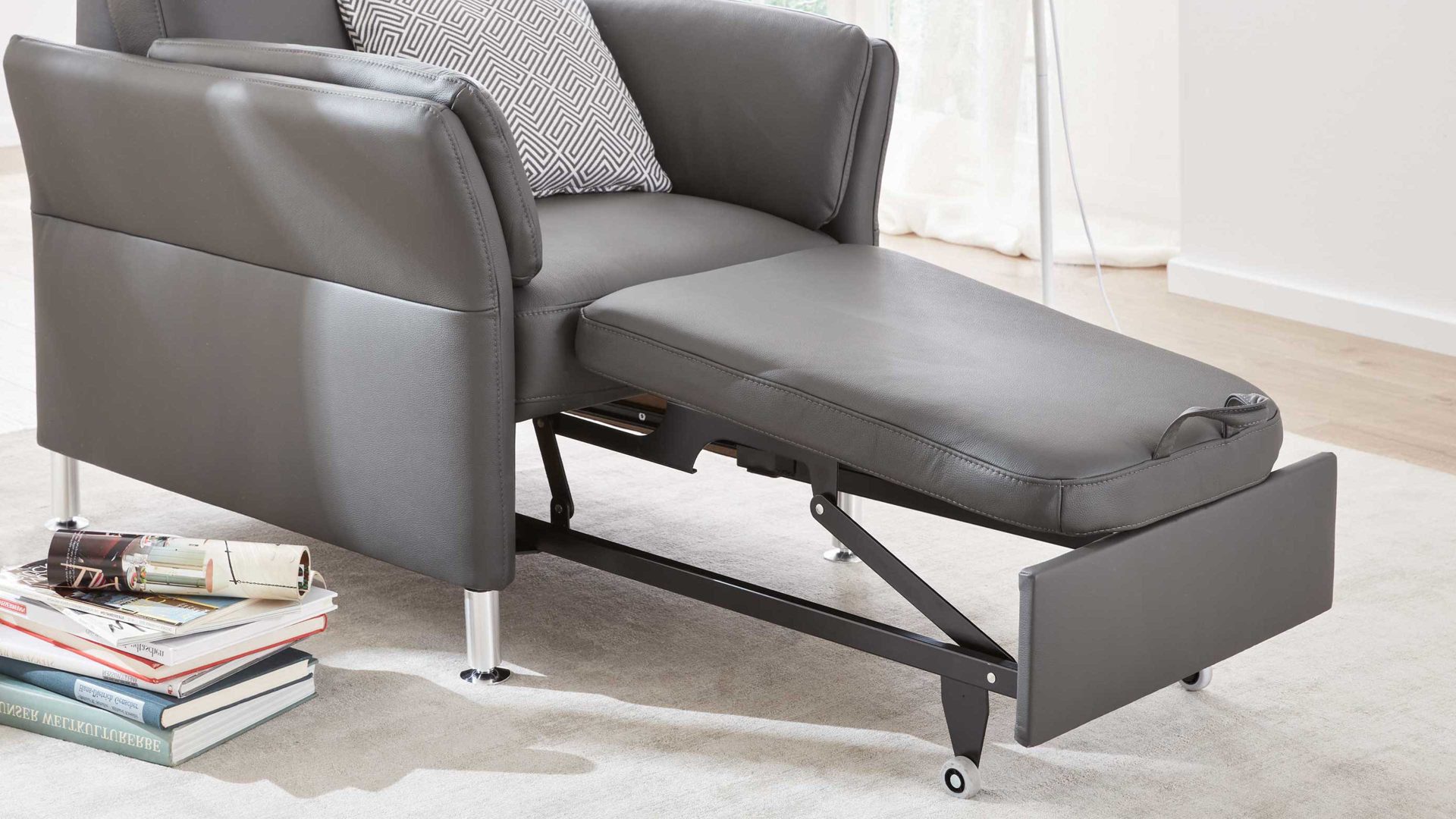 Sessel modulmaster aus Leder in Anthrazit Modulmaster MM-PN1080 - Sessel mit Hocker anthrazitfarbenes Leder Torro & Aluminiumfüße