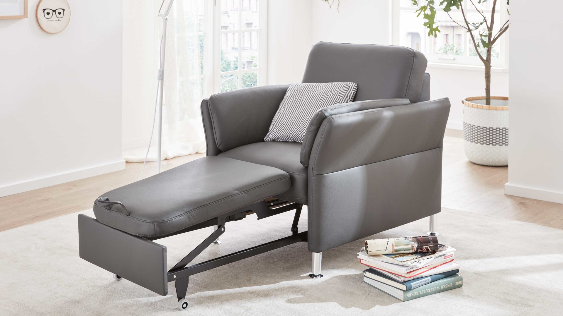 Sessel modulmaster aus Leder in Anthrazit Modulmaster MM-PN1080 - Sessel mit Hocker anthrazitfarbenes Leder Torro & Aluminiumfüße