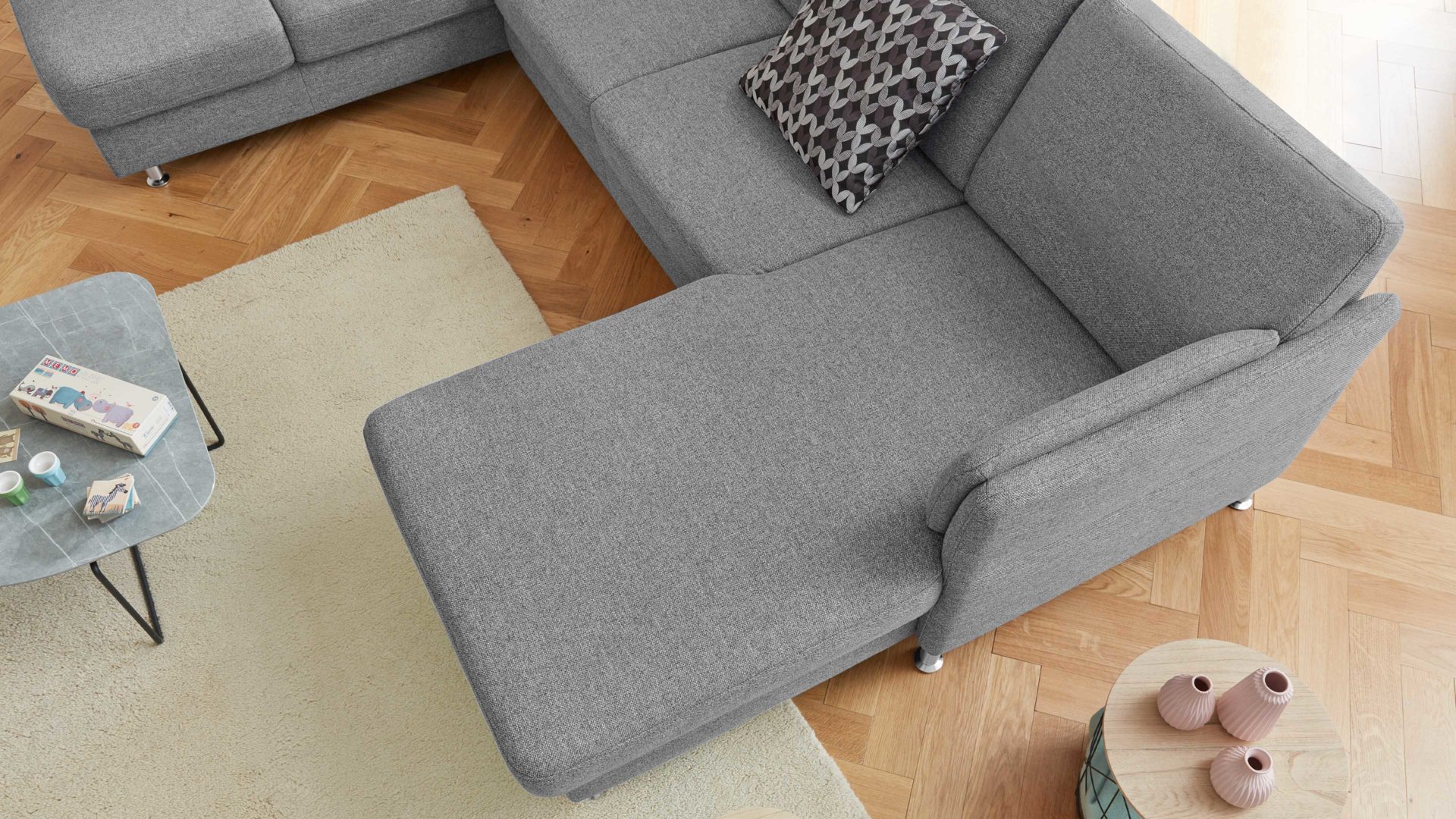 Ecksofa modulmaster aus Stoff in Grau Modulmaster MM-ZE1080 - Ecksofa in U-Form stahlgraues Flachgewebe Unica & Metallfüße – Stellfläche ca. 200 x 305 cm