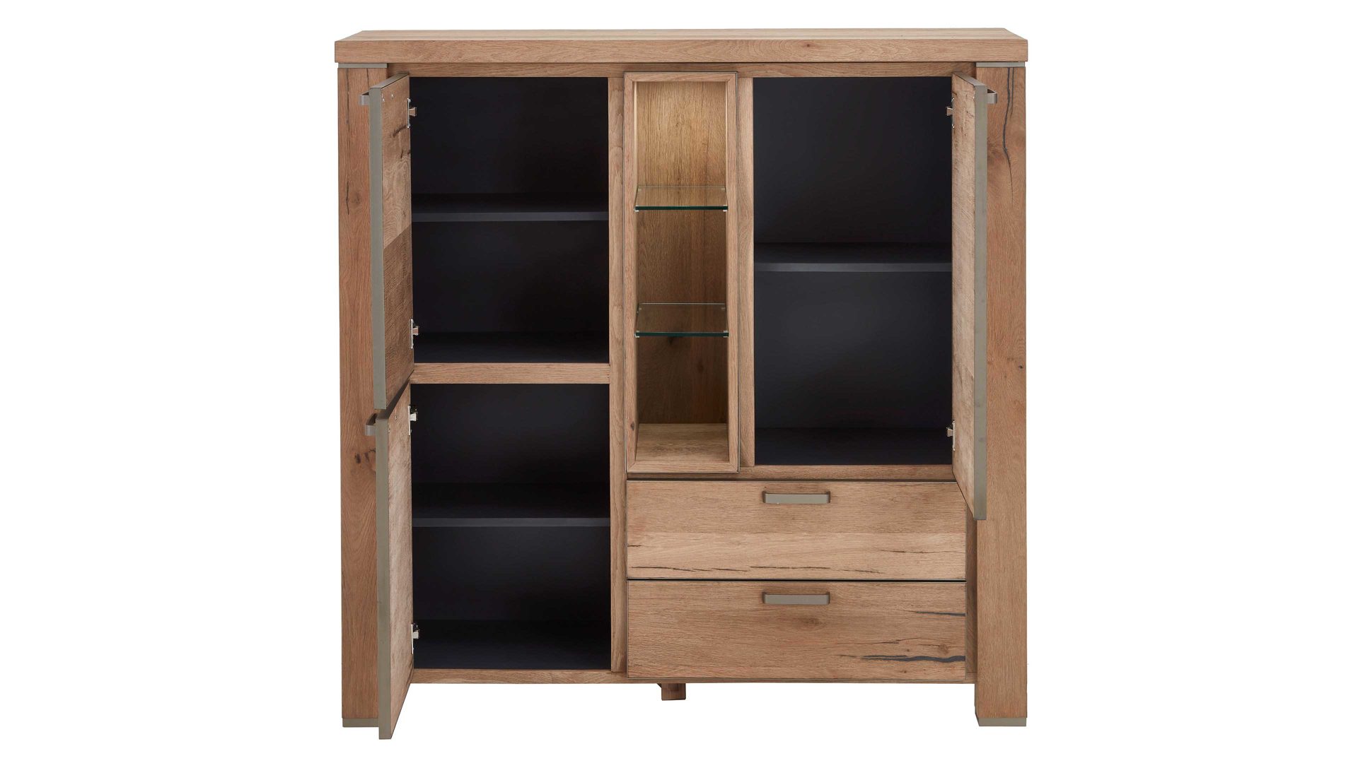 Highboard WOODS & TRENDS aus Holz in Holzfarben WOODS & TRENDS Highboard bzw. Wohnzimmerschrank Canova railwaybraunes Eichefurnier & Metall – zwei Türen, zwei Schubladen