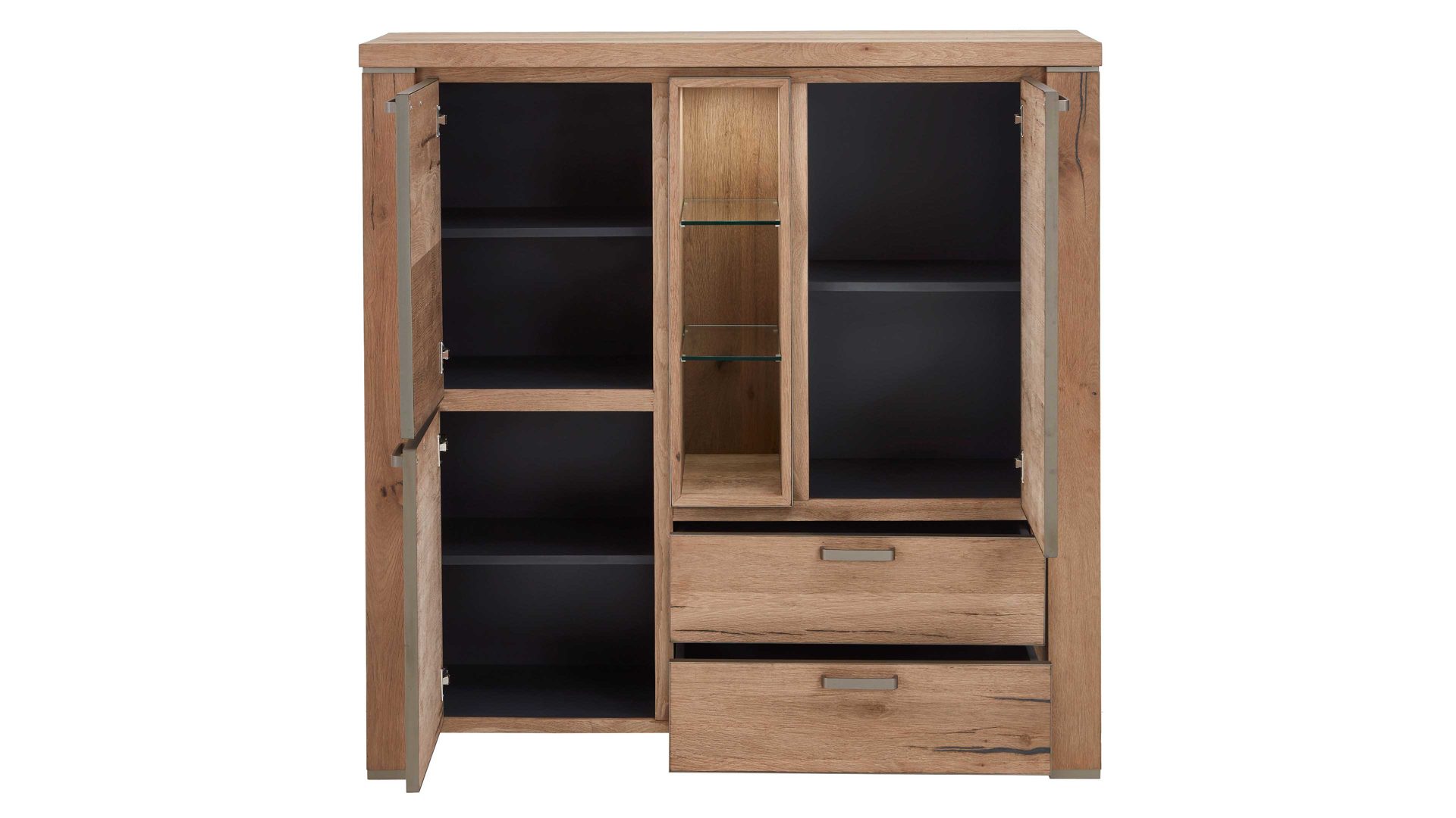 Highboard WOODS & TRENDS aus Holz in Holzfarben WOODS & TRENDS Highboard bzw. Wohnzimmerschrank Canova railwaybraunes Eichefurnier & Metall – zwei Türen, zwei Schubladen