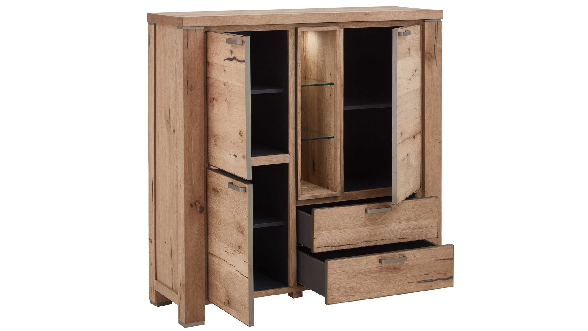 Highboard WOODS & TRENDS aus Holz in Holzfarben WOODS & TRENDS Highboard bzw. Wohnzimmerschrank Canova railwaybraunes Eichefurnier & Metall – zwei Türen, zwei Schubladen