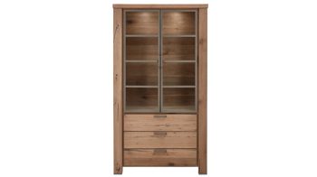 Vitrine WOODS & TRENDS aus Holz in Holzfarben WOODS & TRENDS Vitrinenschrank Canova als Wohnzimmermöbel railwaybraunes Eichefurnier & Metall – zwei Türen, drei Schubladen