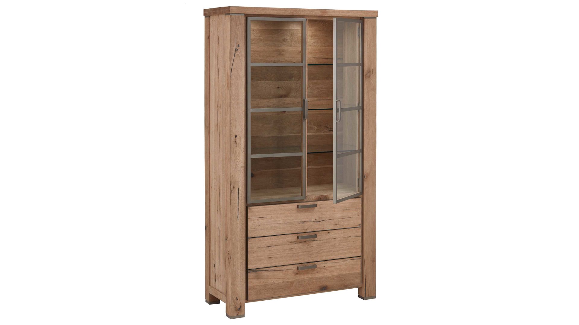 Vitrine WOODS & TRENDS aus Holz in Holzfarben WOODS & TRENDS Vitrinenschrank Canova als Wohnzimmermöbel railwaybraunes Eichefurnier & Metall – zwei Türen, drei Schubladen