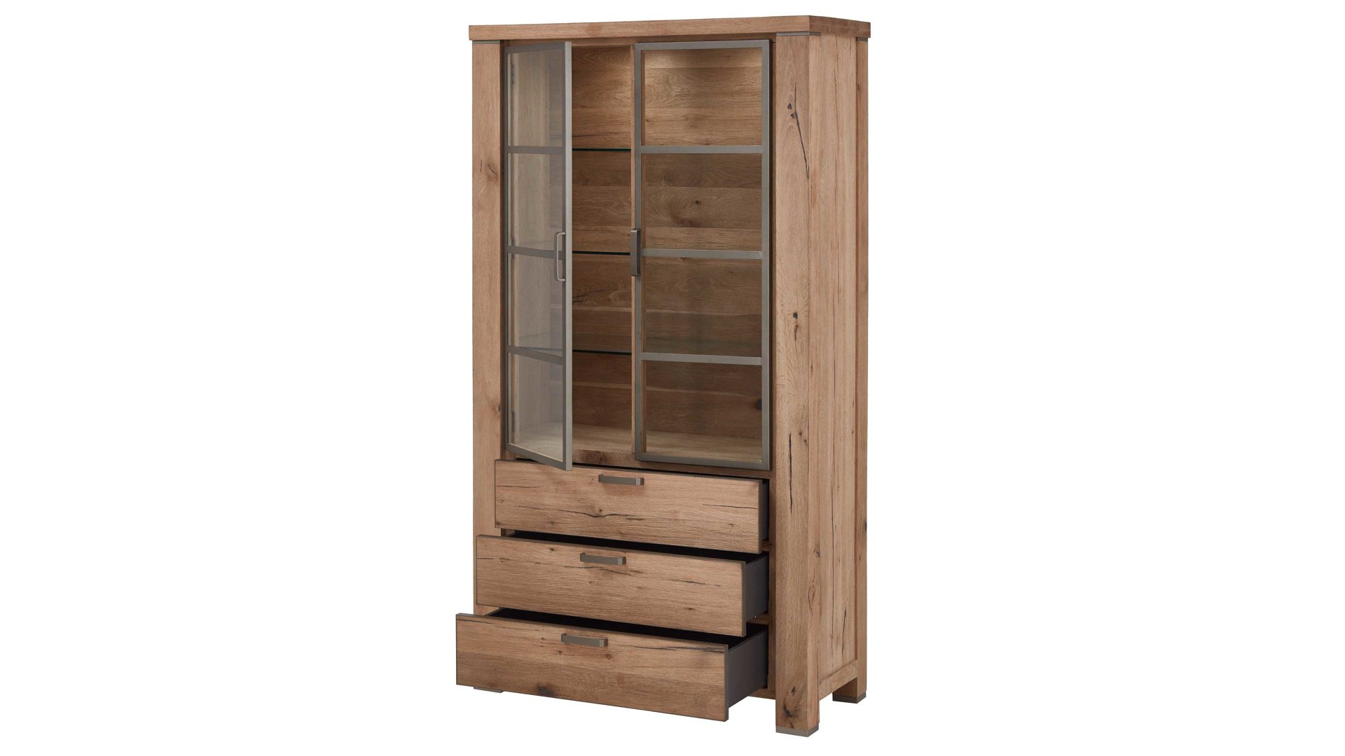 Vitrine WOODS & TRENDS aus Holz in Holzfarben WOODS & TRENDS Vitrinenschrank Canova als Wohnzimmermöbel railwaybraunes Eichefurnier & Metall – zwei Türen, drei Schubladen